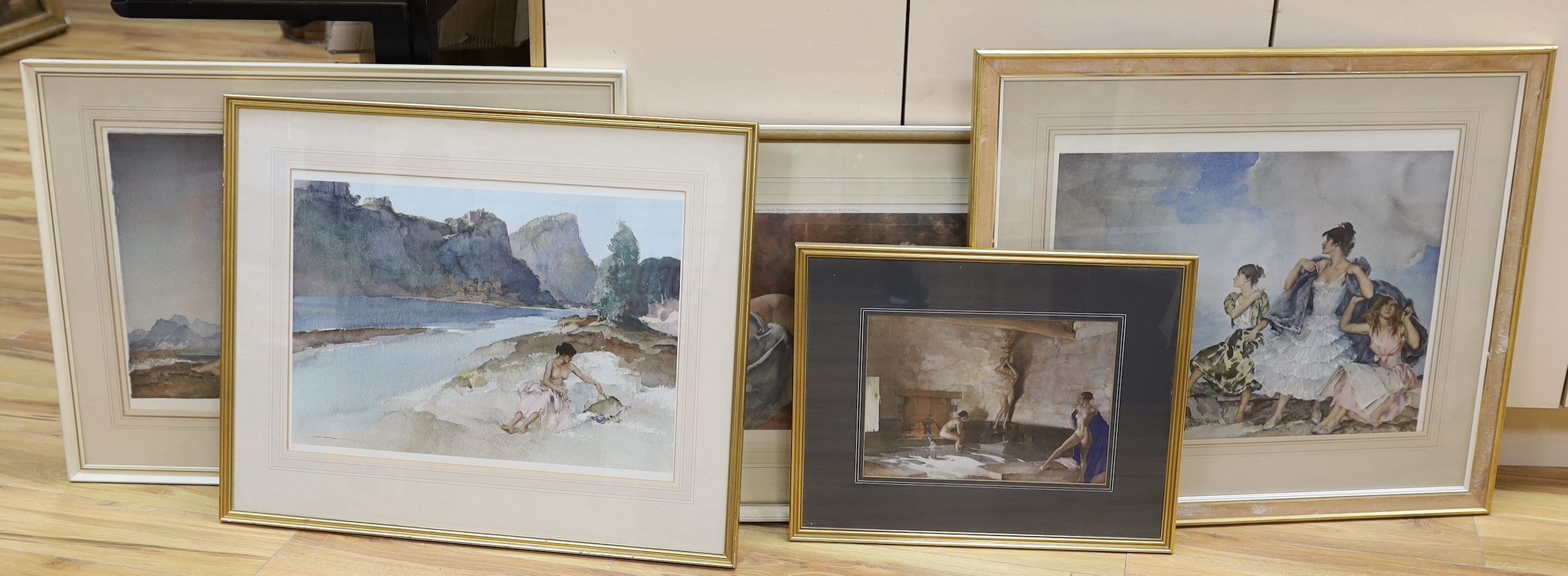 William Russell Flint, four assorted limited edition prints, 'Roxanne, France', 'Sara', 'Reclining Nude 2' and 'The Shower' and a colour reprint, largest 42 x 65cm